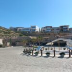 Plaza pavimentada con adoquines curvos, con una escultura de ballena esquelética en el centro. Alrededor, plantas en macetas con edificios y una colina cubierta de vegetación.