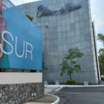 Edificio comercial con fachada curva compuesta por paneles metálicos. En la parte superior se ubica un letrero con el nombre "El Palacio de Hierro" en letras estilizadas. Frente al edificio hay una estructura publicitaria de gran tamaño con la palabra "Perisur", acompañada por la imagen parcial de una persona. La base de esta estructura está formada por un muro de piedra. Una zona pavimentada con cruce peatonal conecta con la entrada del edificio. El entorno incluye árboles distribuidos en el área y postes de alumbrado.