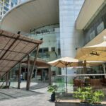 Área exterior de un complejo moderno con techo curvo y ventanales amplios. Se observa una entrada que parece corresponder a un centro comercial. En primer plano hay mesas con sombrillas y macetas, lo que sugiere un espacio de cafetería o restaurante. A la izquierda, una escalera eléctrica conduce a un nivel superior del edificio. El cielo está parcialmente despejado.