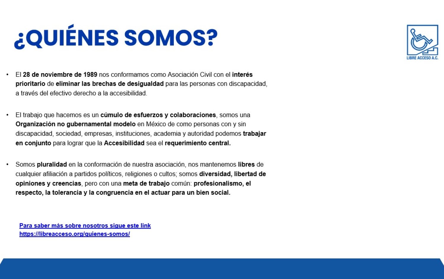 Conoce más de nosotros. Visita nuestra página de internet: www.libreacceso.org Escríbenosal correo: info@libreacceso.org Síguenos en nuestras redes sociales: Facebook: Libre Acceso A. C. YouTube: Libre Acceso A. C. X: @libreacceso TikTok: @LibreAccesoAC