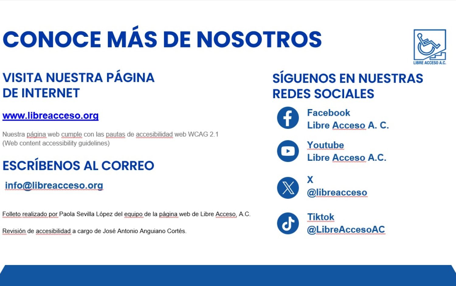 Conoce más de nosotros. Visita nuestra página de internet: www.libreacceso.org Escríbenosal correo: info@libreacceso.org Síguenos en nuestras redes sociales: Facebook: Libre Acceso A. C. YouTube: Libre Acceso A. C. X: @libreacceso TikTok: @LibreAccesoAC